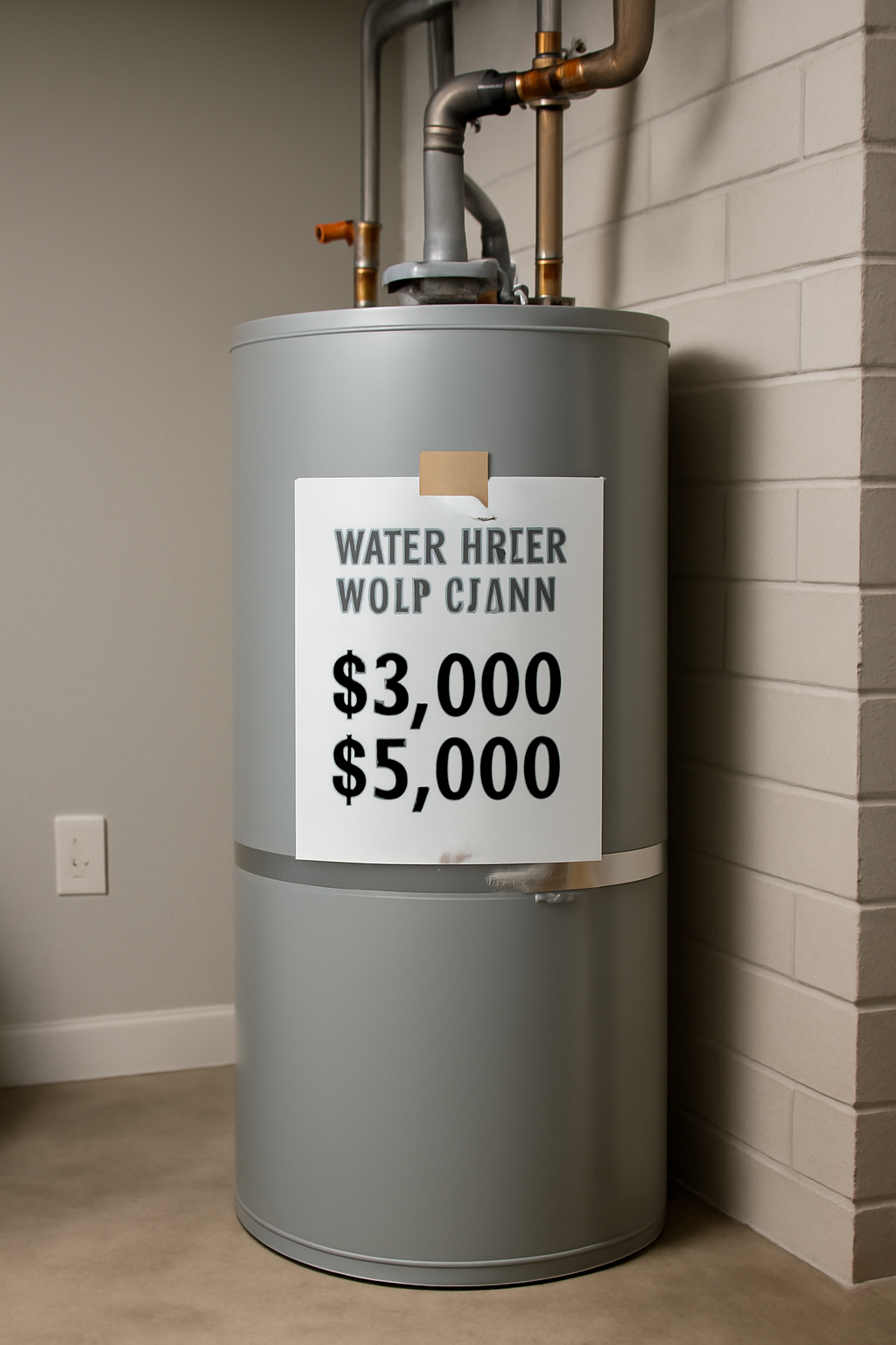 Newly installed residential water heater in a Kitchener basement with copper pipes and neutral indoor lighting, no people