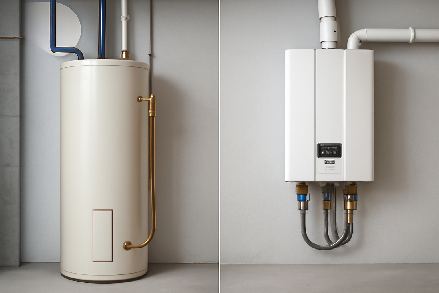 Traditional tank water heater and modern wall-mounted tankless water heater side by side in a Kitchener basement, neutral indoor lighting, no people