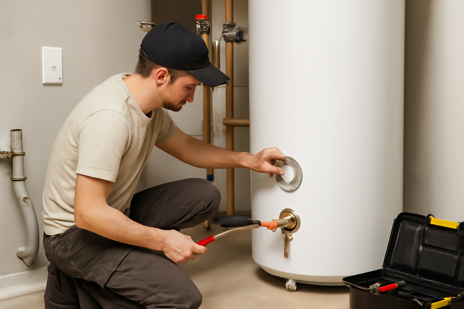 Water heater being inspected and drained in a Kitchener home, neutral indoor lighting, no people
